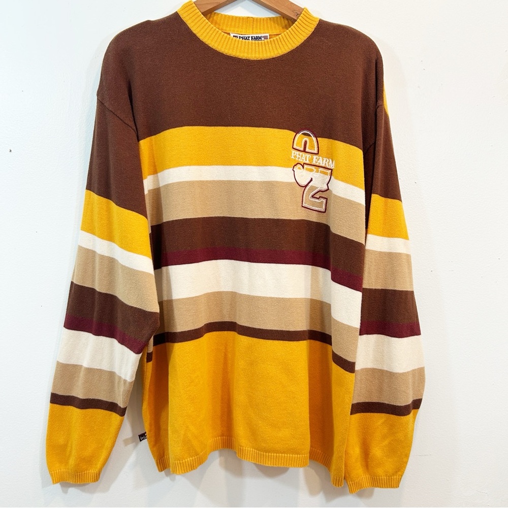 VTG 90’s Phat Farm Brown and Yellow Striped Crewneck Sweater Preppy HipHop Urban